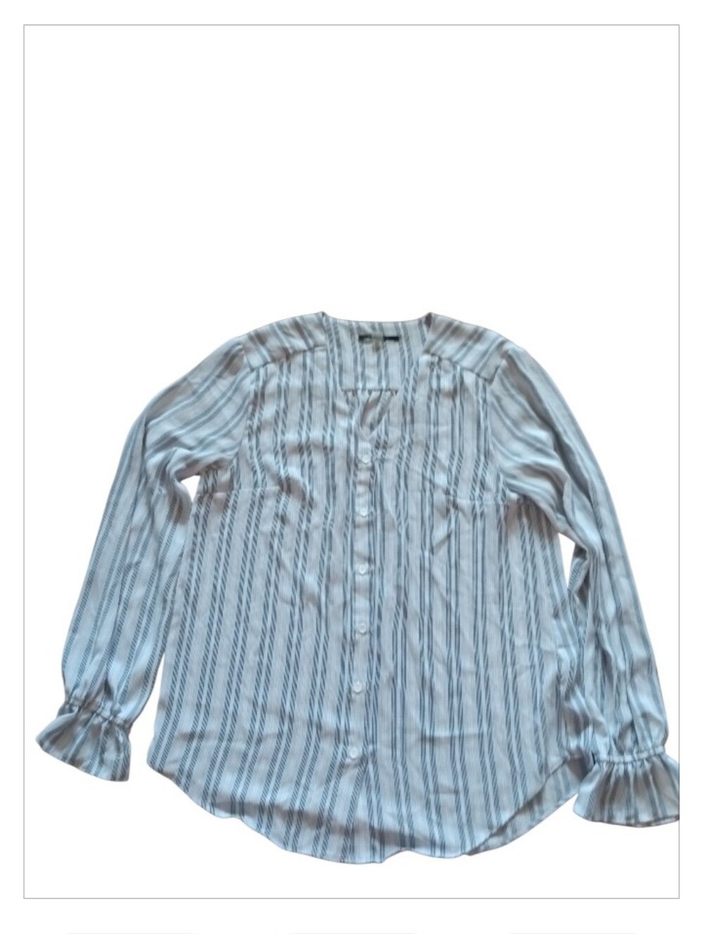 Light Blue Stripe Button-Front Women's Blouse w/ Ruffle Cuffs